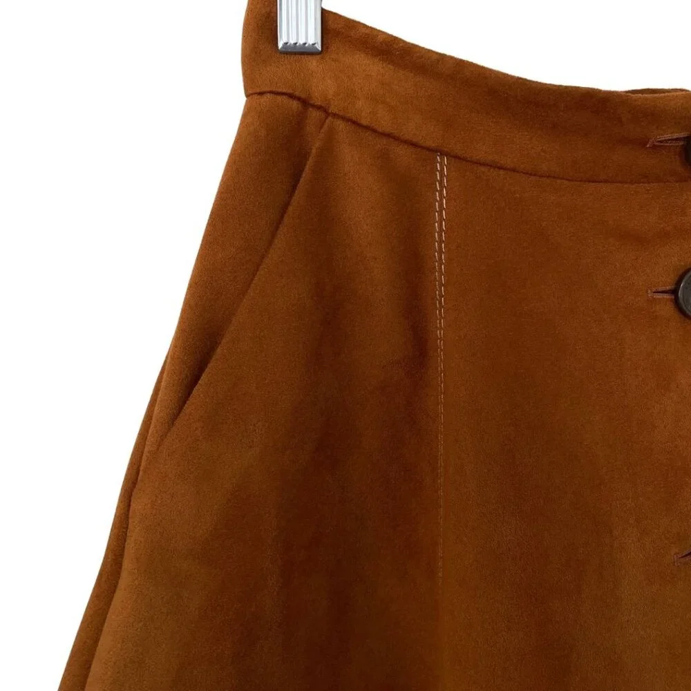 Karen Millen Brown Vegan Faux Suede Button Front Western A-Line Skirt Size 8